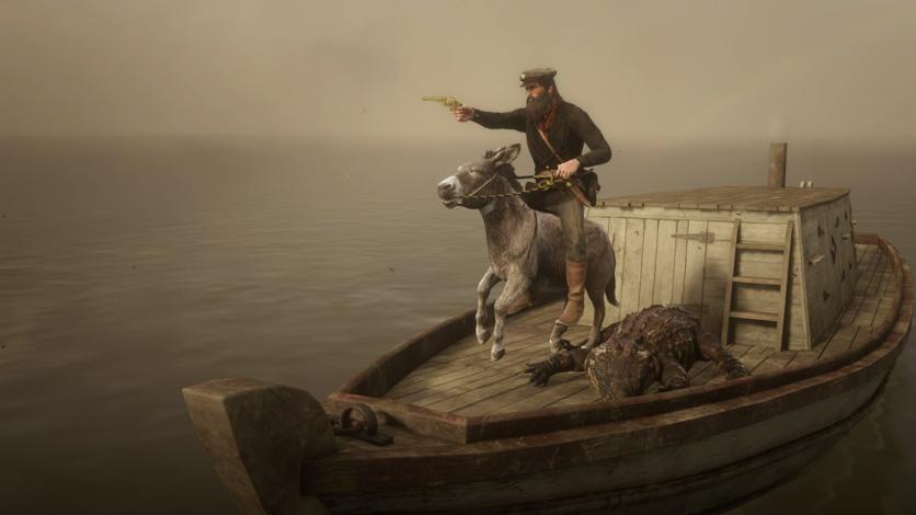 A donkey, an alligator, and a Marston walk onto a boat.